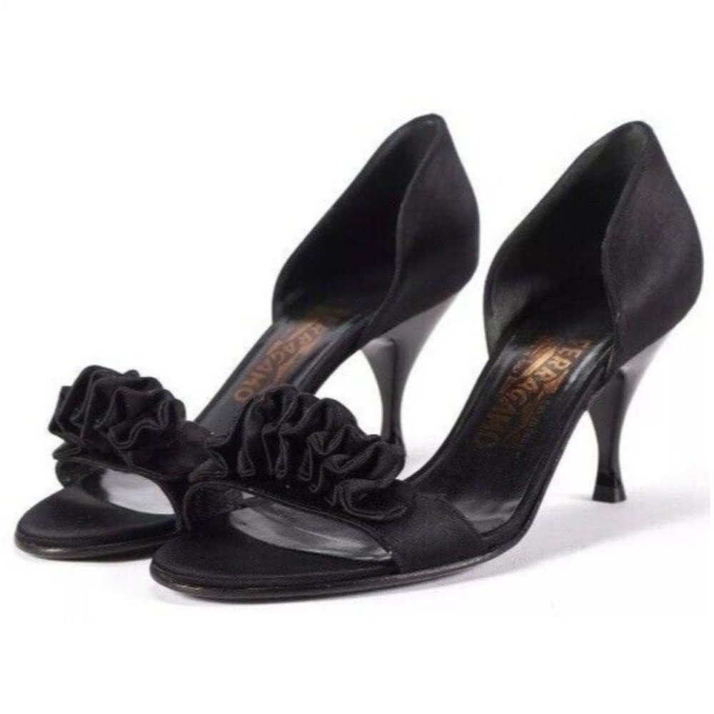 SALVATORE FERRAGAMO Black Satin D'Orsay Ruffle Open Toe High Heel Pumps